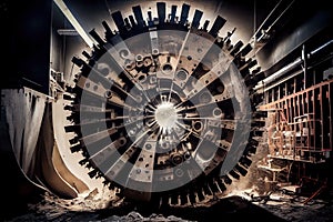 tunnel boring machine, advancing through the tunnel with its face and drill bits visible