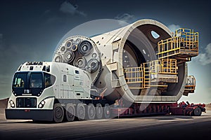 tunnel boring machine, with its conveyor belt and tunneling equipment visible, being transported on flatbed truck