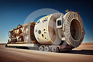 tunnel boring machine, with its conveyor belt and tunneling equipment visible, being transported on flatbed truck