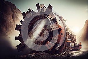 tunnel boring machine, with its cutterhead and conveyor system visible, digging through rock