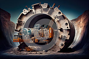 tunnel boring machine, with its cutterhead and conveyor system visible, digging through rock