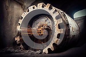 tunnel boring machine, with its cutterhead and conveyor system visible, digging through rock