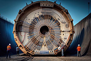 tunnel boring machine, with its head and rotating cutter visible, underground