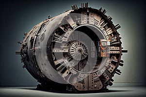 tunnel boring machine, with its head and rotating cutter visible, underground