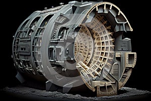 tunnel boring machine, with its head and rotating cutter visible, underground