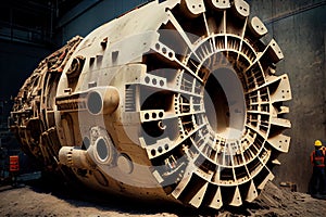 tunnel boring machine, with its head and rotating drill bits visible, carving out new tunnel