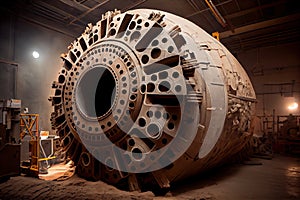 tunnel boring machine, with its head and rotating drill bits visible, carving out new tunnel