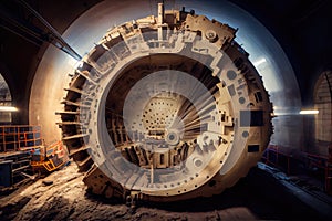 tunnel boring machine, with its mechanical parts moving and working, carving out underground passage