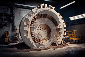 tunnel boring machine, with its mechanical parts moving and working, carving out underground passage