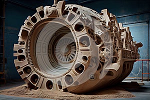 tunnel boring machine, with its mechanical parts moving and working, carving out underground passage