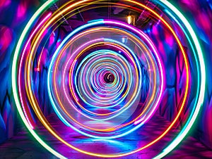 A tunnel with colorful light trails