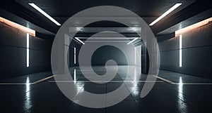 Tunnel Corridor Studio White Lights Stripe Empty Dark Grunge. Generative AI