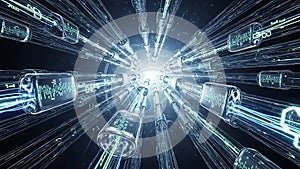 Tunnel of Digital Data Flow Abstract Network of Glowing Fiber Optics and Binary Code