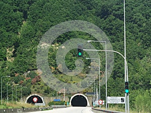 Tunnel on egnatia highway greece dark lights traffic signals on the road