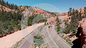 Tunnel entrance of Red Canyon and Bryce Canyon. Red arch located at the entrance of national park