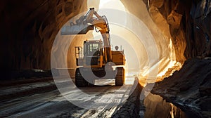 Tunnel Excavator to drill a road through the mountains. road construction. Generative Ai