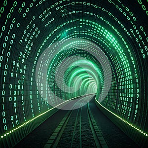 Endless Circuit: A Tunnel of Glowing Binary Code and Shifting Digital Patterns