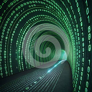 Endless Circuit: A Tunnel of Glowing Binary Code and Shifting Digital Patterns