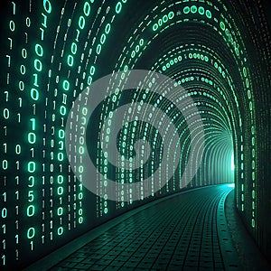 Endless Circuit: A Tunnel of Glowing Binary Code and Shifting Digital Patterns