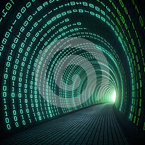 Endless Circuit: A Tunnel of Glowing Binary Code and Shifting Digital Patterns