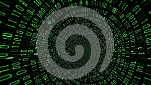 Tunnel of green binary code data stream in digital cyberspace technology