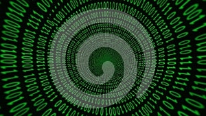 Tunnel of green binary code numbers flowing into a digital vortex data technology