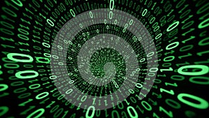 Tunnel of Green Binary Code Numbers in Motion data technology