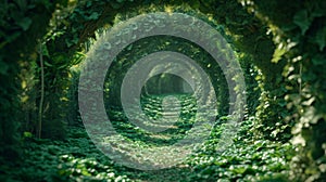 A tunnel of green plants and trees with a path leading to it, AI