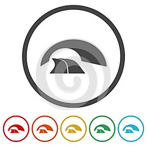 Tunnel and highway icon. Set icons in color circle buttons