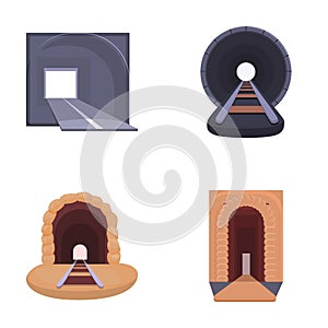 Tunnel icons set cartoon vector. Interior of walkway tunnel road