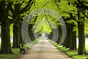 Tunnel-like lime tree avenue in spring, fresh green foliage, park.