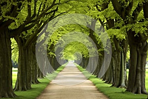 Tunnel-like lime tree avenue in spring, fresh green foliage, park.