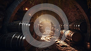 Tunnel lined with wine barrels. Generative AI technology