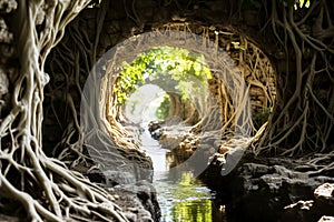 Tunnel made of a network of aerial roots over a straightened stream