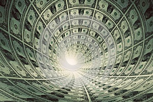 Tunnel of money, dollars towards light