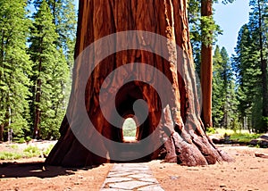 A tunnel and pathway going through a giant sequoia or giant redwood tree in the Sierra Nevada Mountain Range.