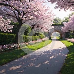 The tunnel of pink flower trees is romantic.