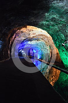 Tunnel of reflections and colors, nemocon salt mine, colombia