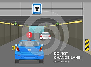 Tunnel restrictions. Car is changing lane in high-speed tunnel. Do not change lane in tunnels.