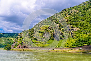 Tunnel and rhail road near Rhein Rhine river in Loreley, Oberwesel, Rhein-Lahn-Kreis, Rhineland-Palatinate, Rheinland-Pfalz,