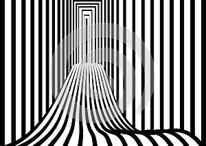 Tunnel or road to infinity. Geometric Black and White Abstract Hypnotic Worm-Hole. Opt Art picture. Optical Illusion