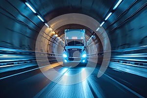 Tunnel speed powerful semi truck barrels through with dynamic motion