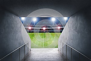 Tunnel in stadium with green field