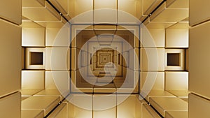 Tunnel infinity spaceship porthole gold squares cubes 3D illustration