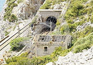 Tunnel and train tracks on the coast of El Garraf in Barcelona