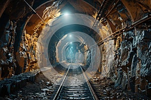 A tunnel with train tracks and a light