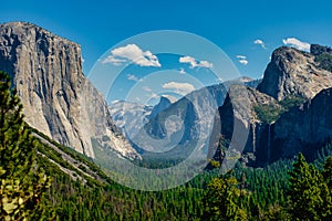 Tunnel view of the Yosemite National Park, Beautiful forrest landscape with blue sky background