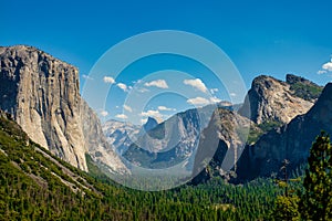 Tunnel view of the Yosemite National Park, Beautiful forrest landscape with blue sky background