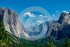 Tunnel view of the Yosemite National Park, Beautiful forrest landscape with blue sky background