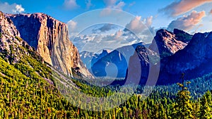 Tunnel View of Yosemite Valley with famous granite rock El Capitan on the left and dry Bridalveil Fall in Yosemite National Park photo